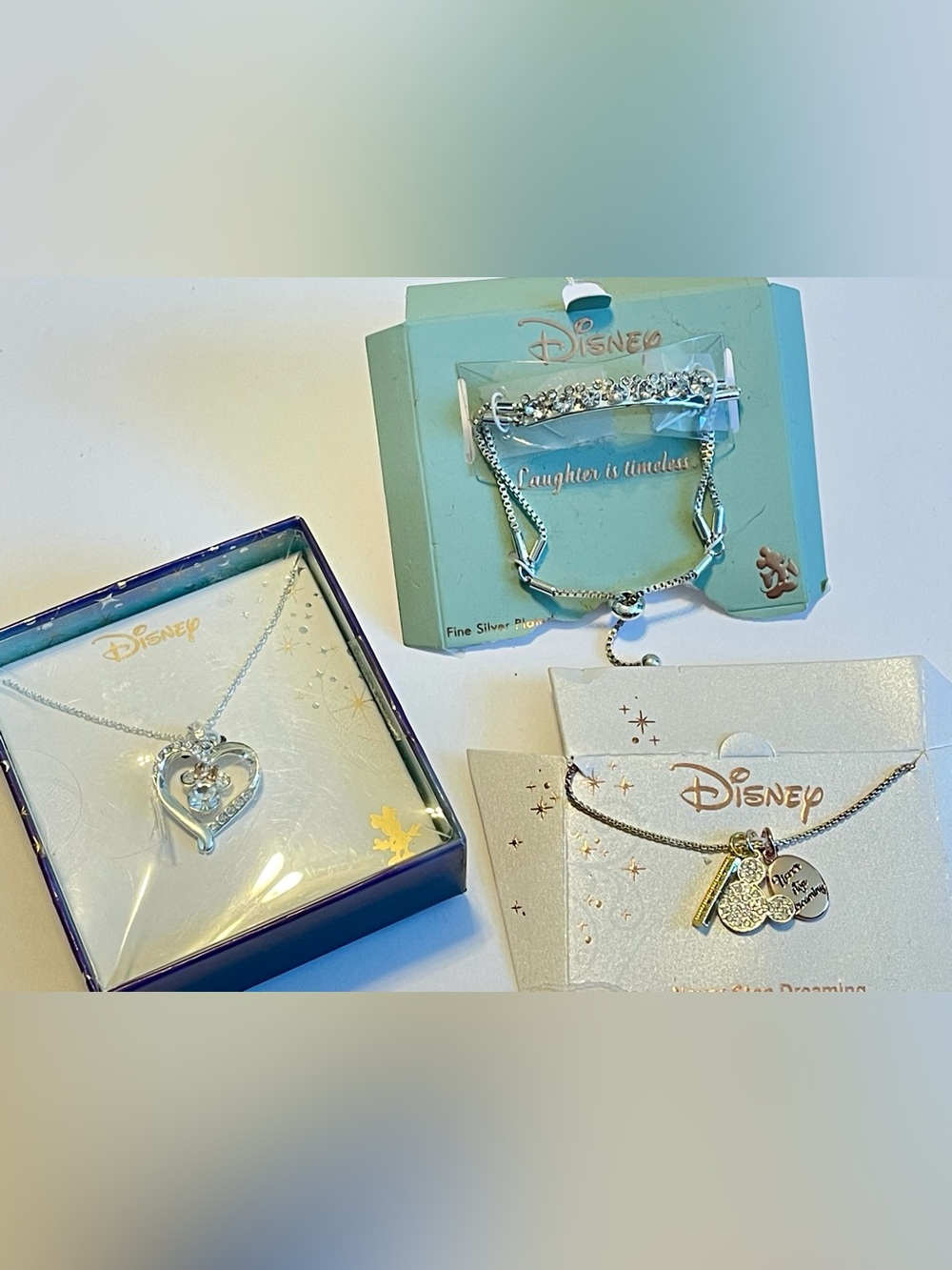 DISNEY SILVER PLATED JEWELRY SET MICKEY MOUSE CHARM PENDANT NECKLACE BRACELET